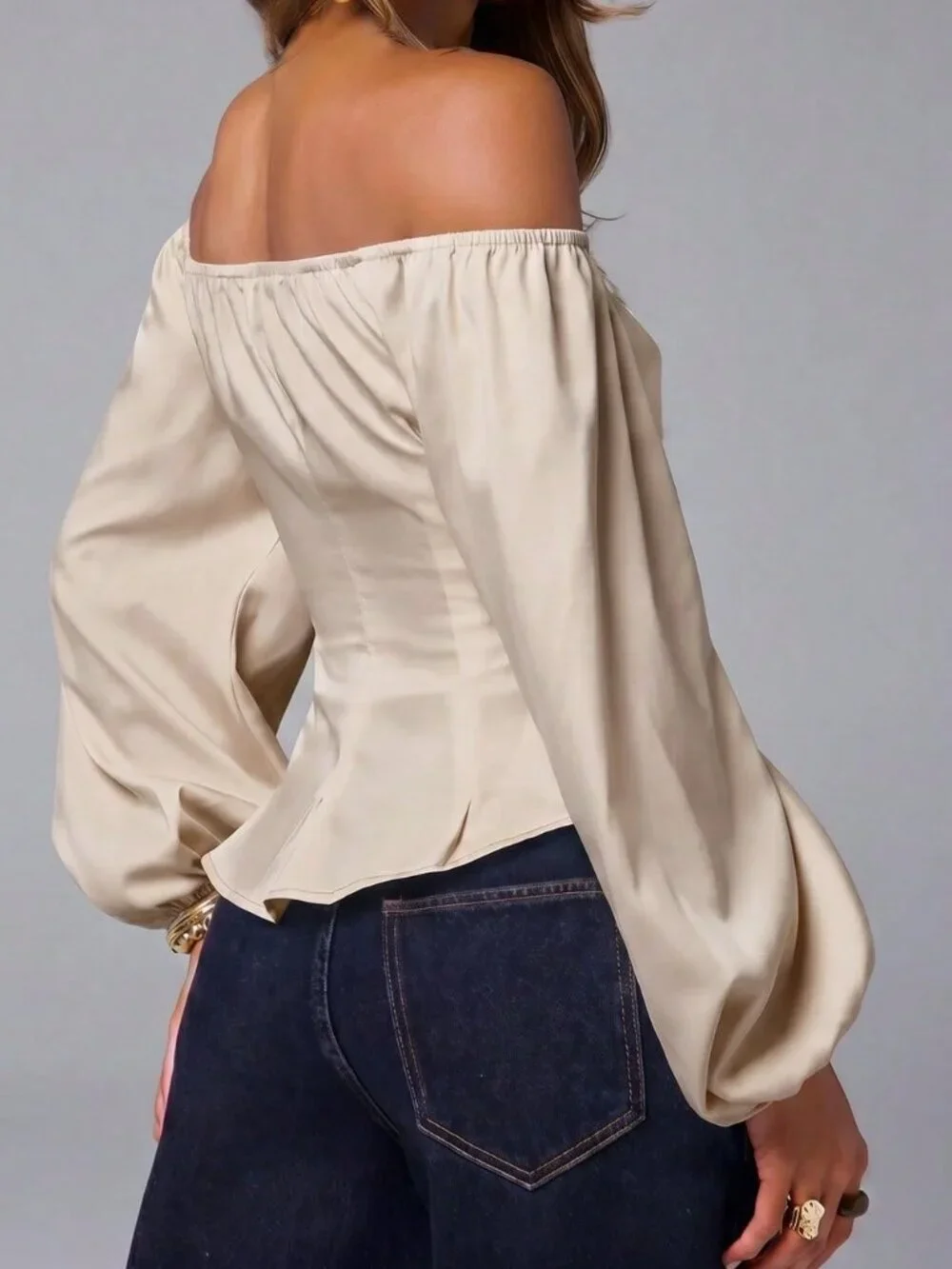 Apricot Elegant Pleated Off-Shoulder Women's Long Sleeve Balloon Top